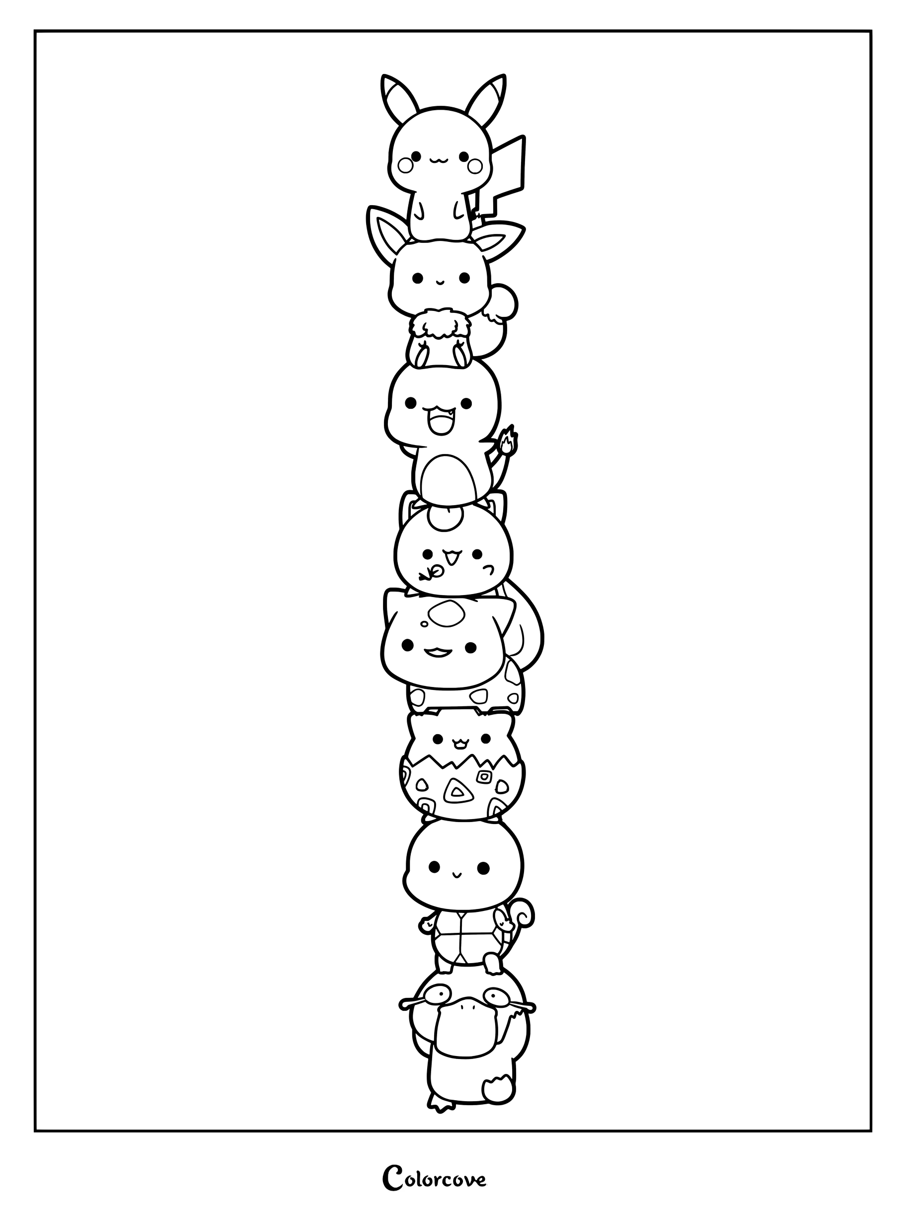 Page de coloriage de Pokemon Mignons montrant une pile verticale de Pikachu, Évoli, Salamèche, Rondoudou, Bulbizarre, Togepi, Carapuce et Psykokwak en version chibi.