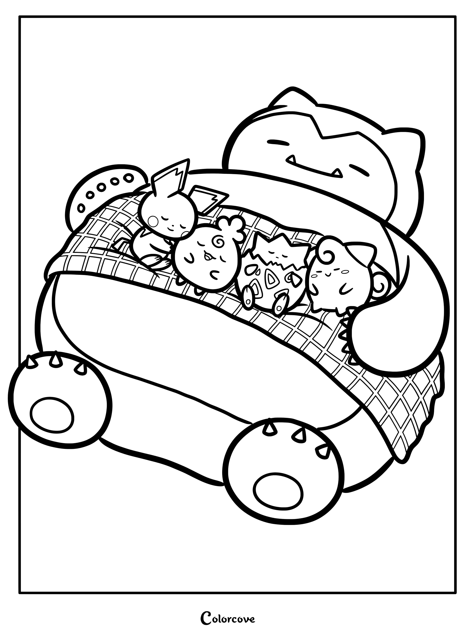 Page de coloriage de Pokemon Mignons représentant Ronflex dormant profondément sous une couverture violette avec Pichu, Toudoudou, Elekid, Lippouti et Mélo.