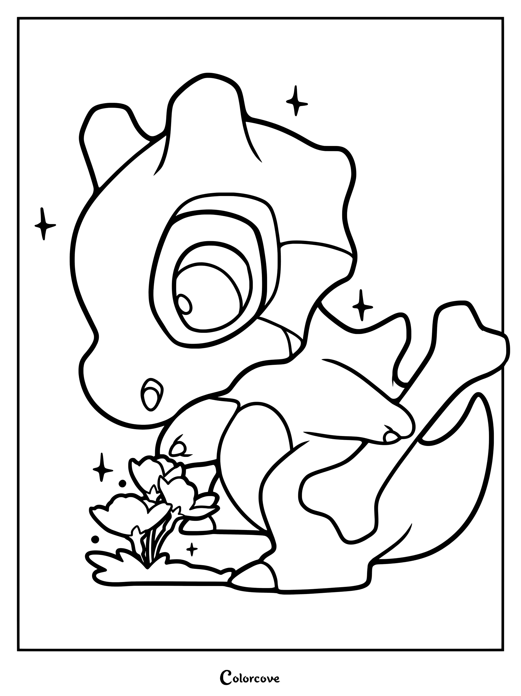 Page de coloriage de Pokemon Mignons représentant Osselait sentant un petit groupe de fleurs roses.