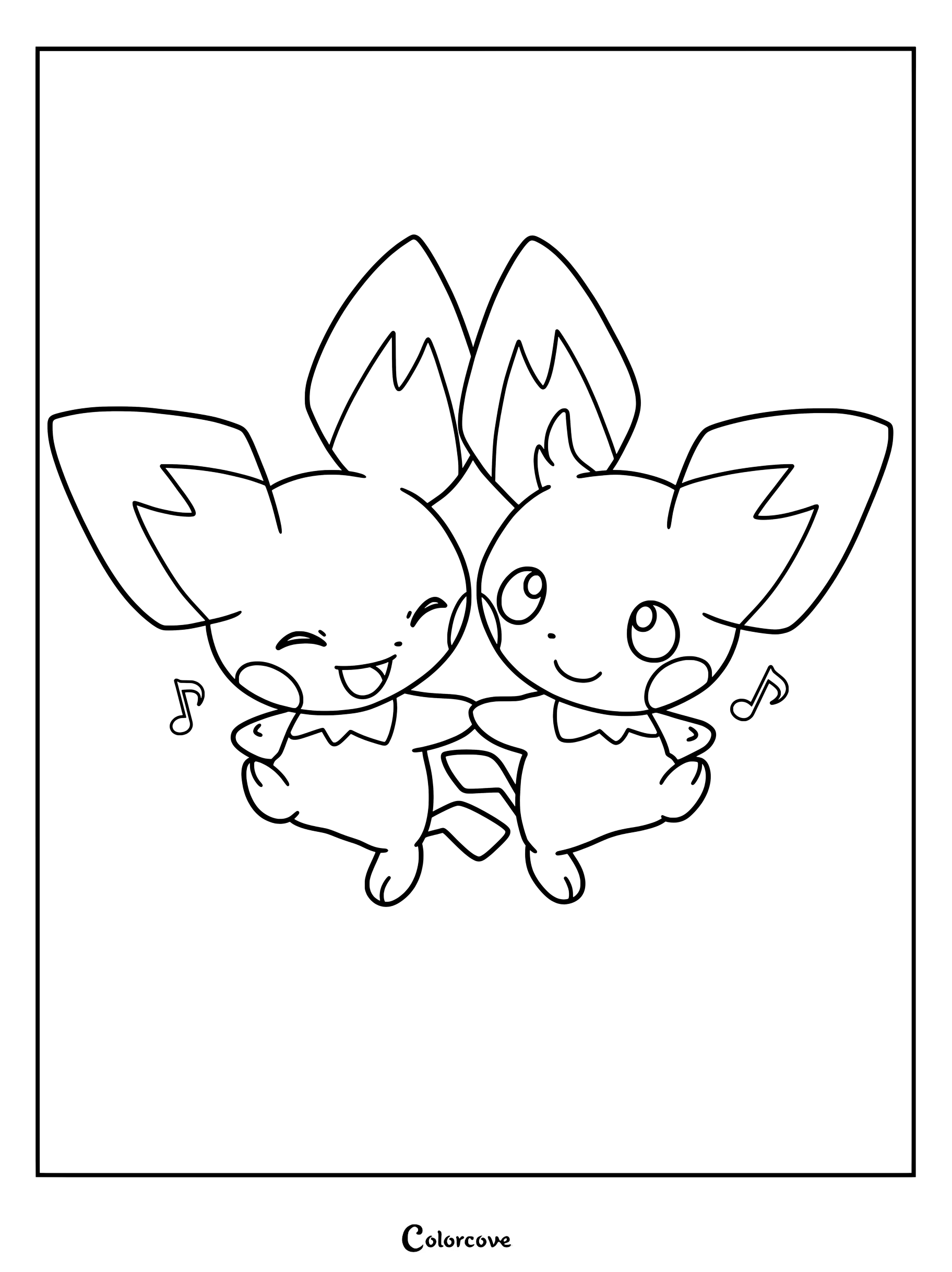 Page de coloriage de Pokemon Mignons représentant deux personnages Pichu de style chibi avec des joues roses et de petits noeuds papillon se tenant la main.