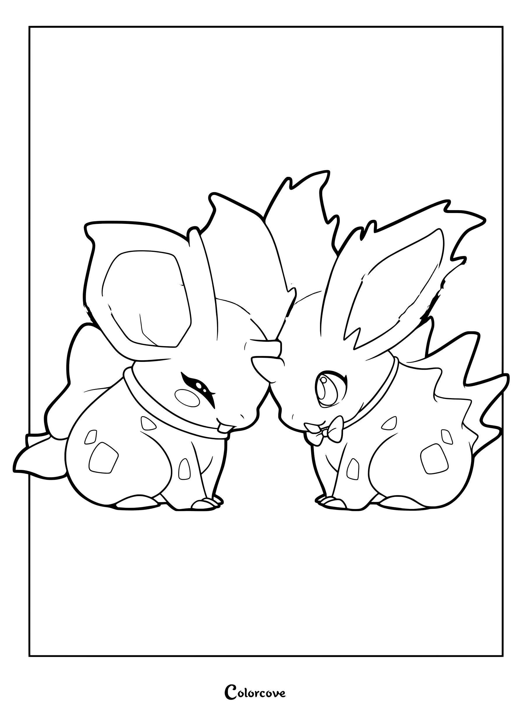 Page de coloriage de Pokemon Mignons représentant un Nidoran mâle et une Nidoran femelle reposant leurs têtes l'une contre l'autre.