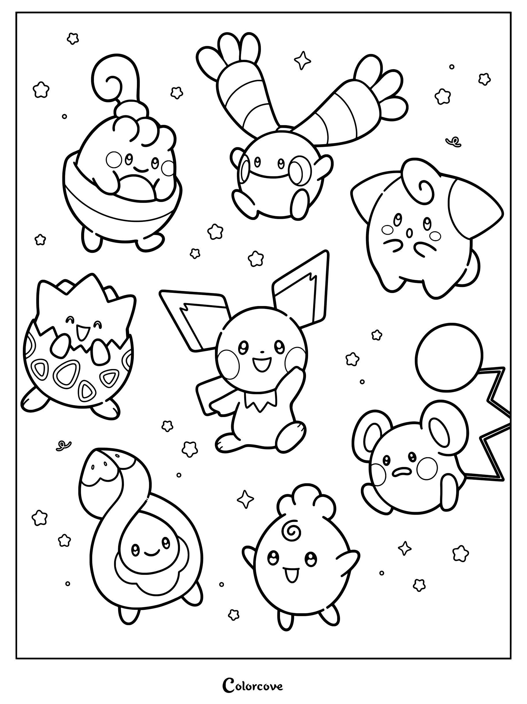 Page de coloriage de Pokemon Mignons représentant des personnages bébés de style chibi : Ptiravi, Elekid, Toudoudou, Mélo, Togepi, Pichu, Azurill et Rozbouton.