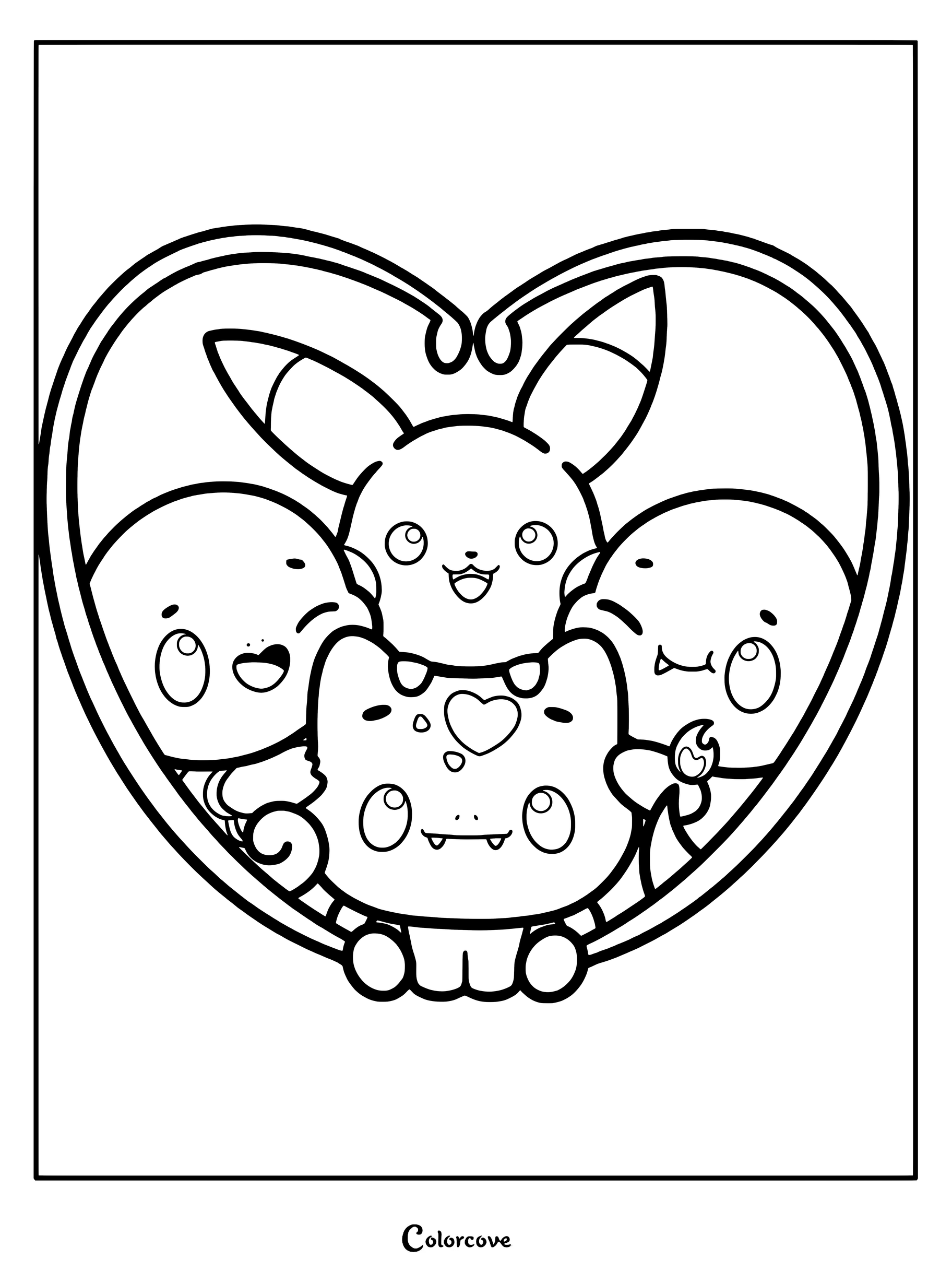 Page de coloriage de Pokemon Mignons représentant Bulbizarre, Carapuce, Salamèche et Pikachu encadrés dans une liane verte en forme de cœur.