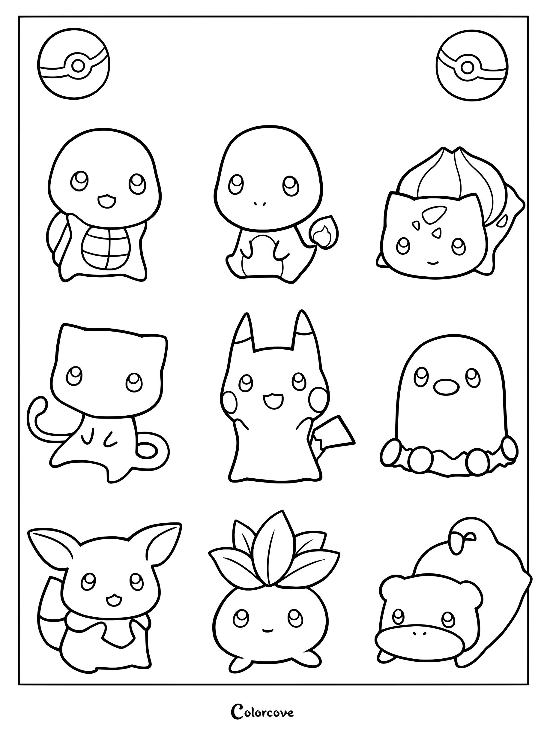 Page de coloriage de Pokemon Mignons représentant une grille de neuf personnages emblématiques de style chibi, dont Carapuce, Salamèche, Bulbizarre, Mew, Pikachu, Taupiqueur, Évoli, Mystherbe et Ramoloss.