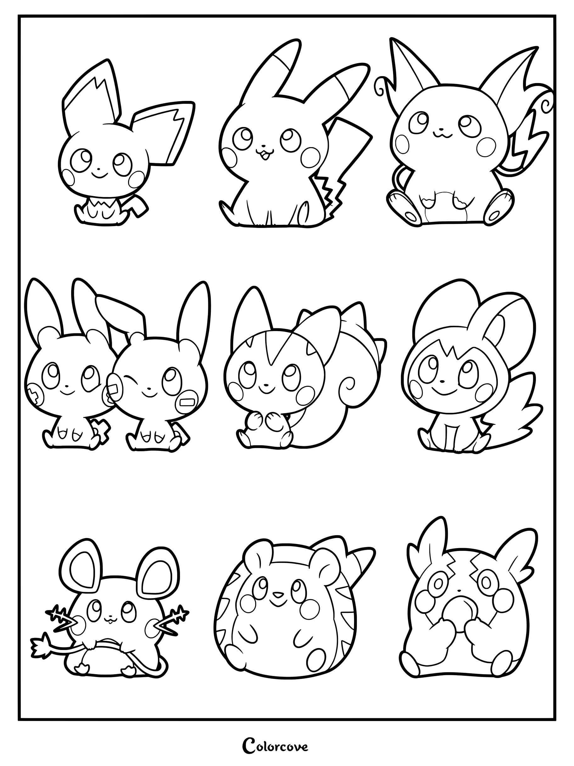 Page de coloriage de Pokemon Mignons représentant une grille de neuf illustrations de cartoon de personnages Pikaclone de type Électrik, incluant Pichu, Pikachu, Raichu, Posipi, Négapi, Pachirisu, Emolga, Dedenne, Togedemaru et Morpeko.