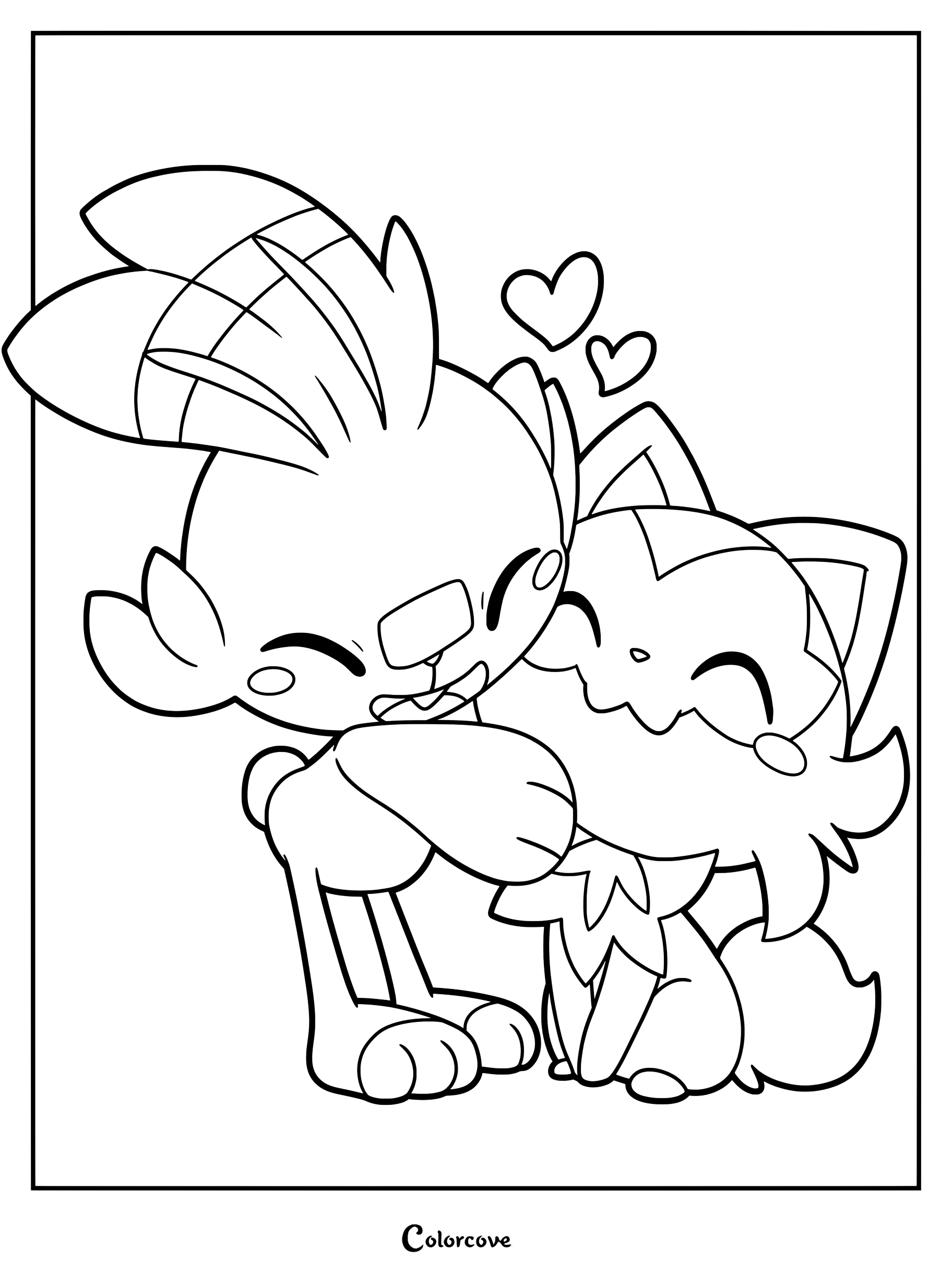 Page de coloriage de Pokemon Mignons représentant Flambino et Poussacha se faisant un câlin avec des cœurs flottants.