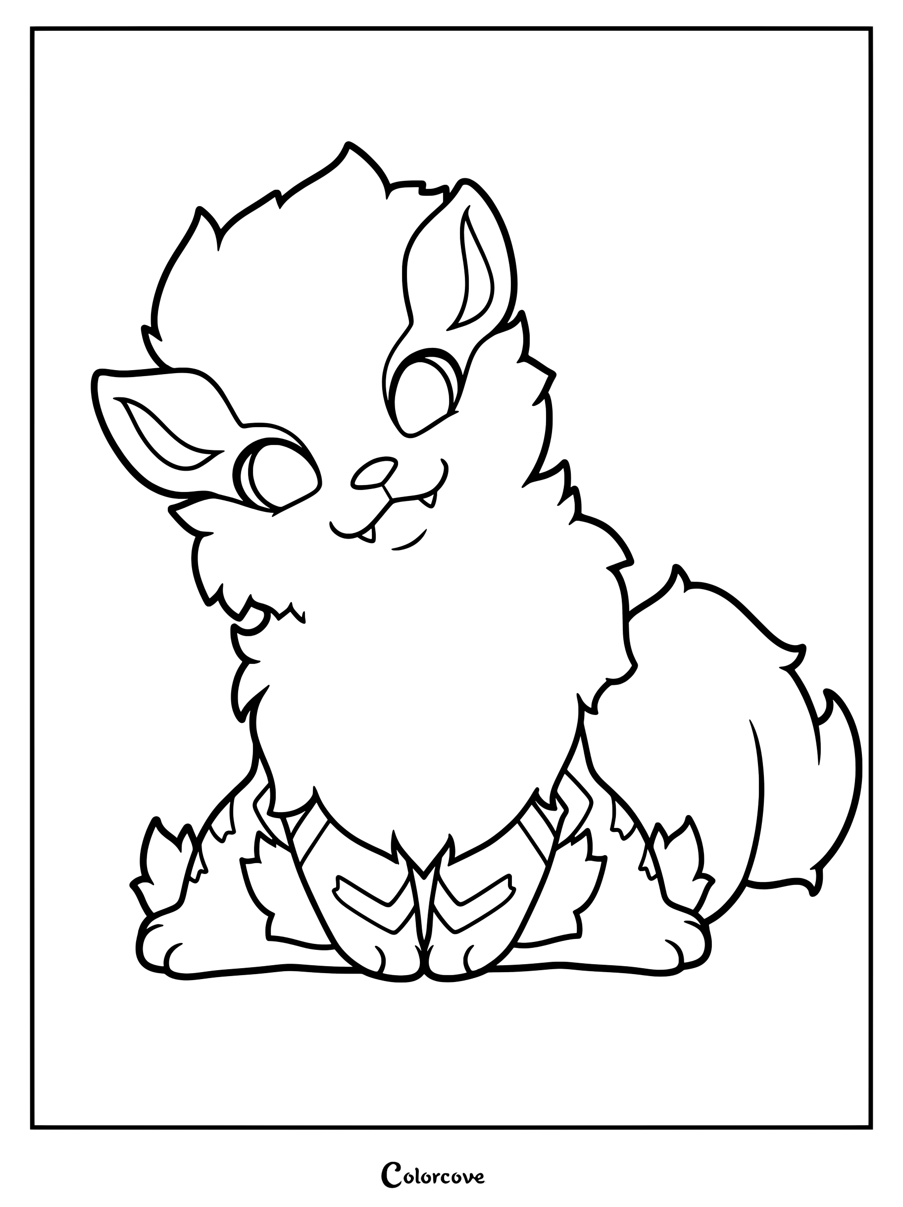 Page de coloriage de Pokemon Mignons représentant un Arcanin chibi assis avec de la fourrure duveteuse et une expression amicale.