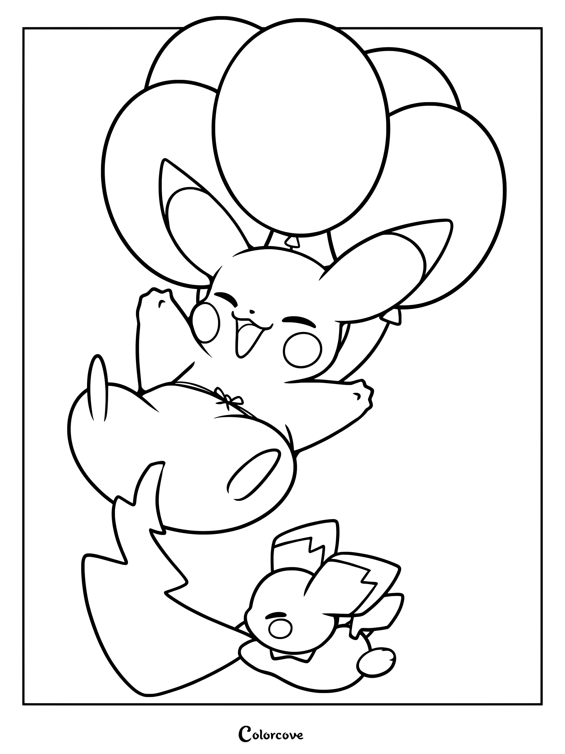 Page de coloriage de Pokemon Mignons représentant Pikachu flottant avec des ballons pastel et tenant un minuscule Pichu.