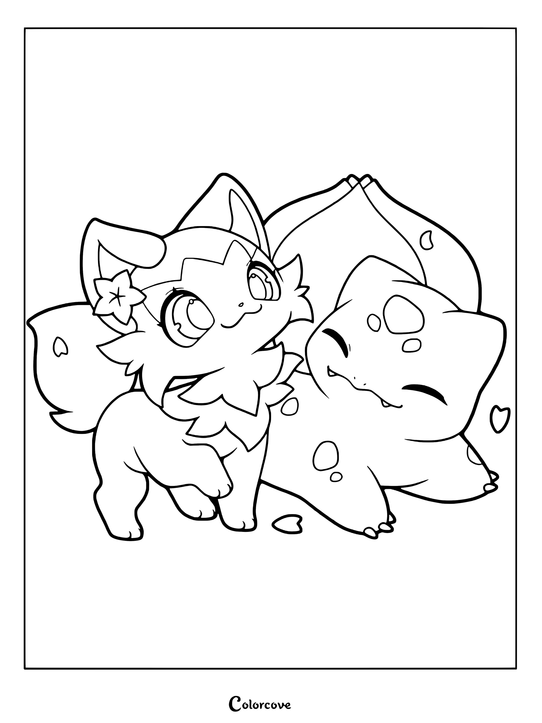 Page de coloriage de Pokemon Mignons représentant Poussacha et Bulbizarre ensemble.