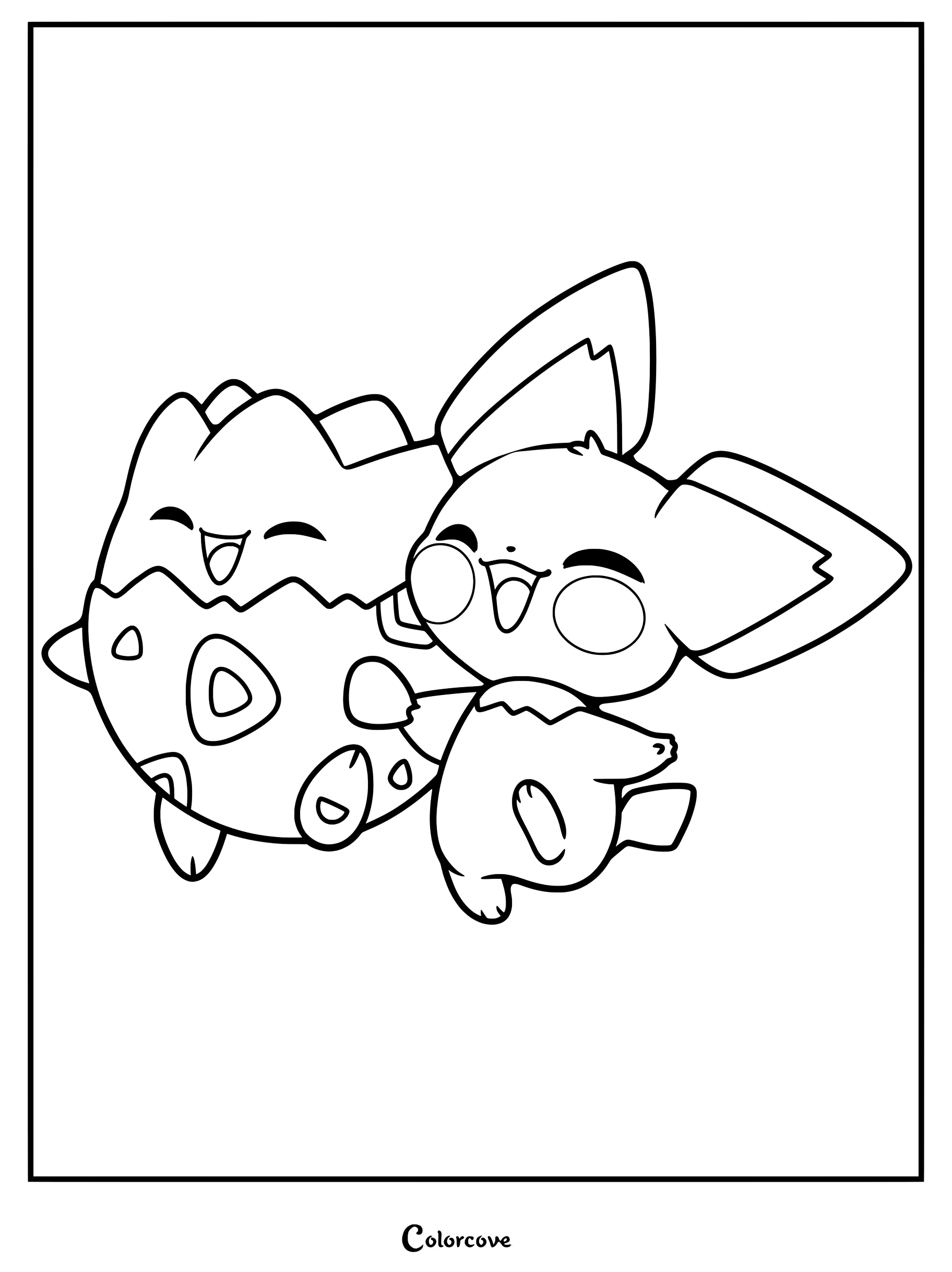 Page de coloriage de Pokemon Mignons représentant un fan art de Togepi et Pichu souriant ensemble.