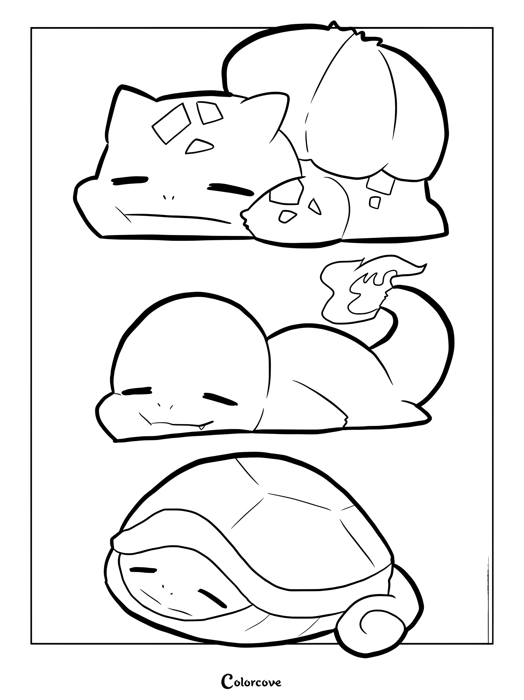 Page de coloriage de Pokemon Mignons représentant les Pokémon de départ de Kanto de la génération 1 (Bulbizarre, Salamèche et Carapuce) allongés et reposant à plat comme de petites limaces ou des crêpes.
