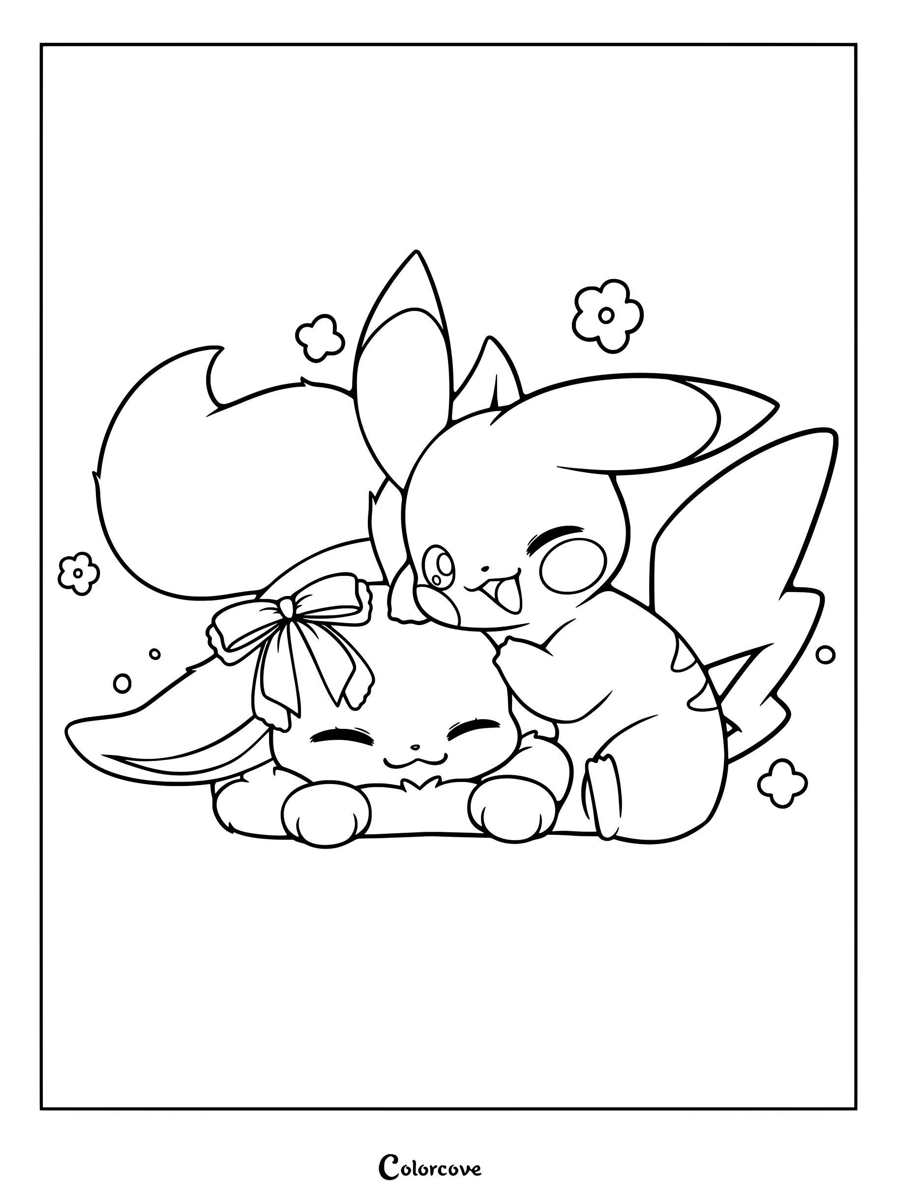 Page de coloriage de Pokemon Mignons représentant Pikachu penché au-dessus d'un Évoli endormi portant un nœud rose.