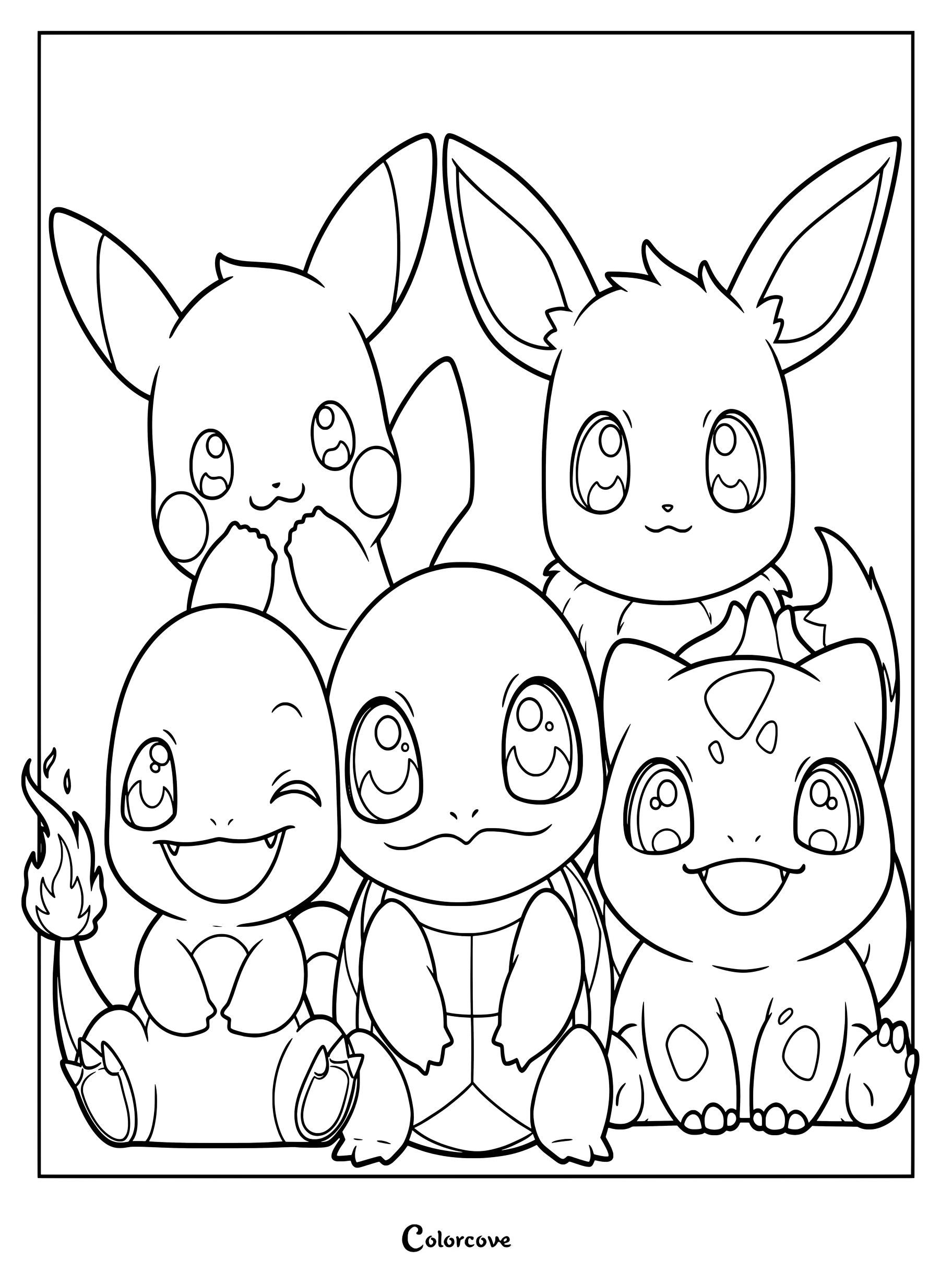 Page de coloriage de Pokemon Mignons représentant un fan art chibi de Pikachu, Évoli, Salamèche, Carapuce et Bulbizarre ensemble.