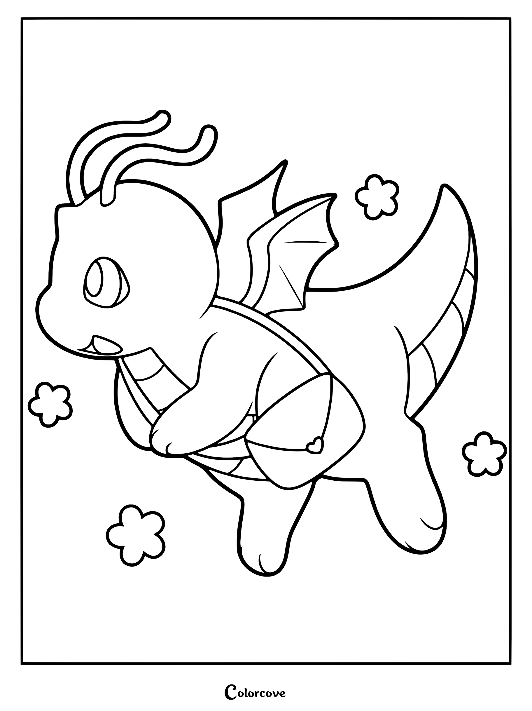 Page de coloriage de Pokemon Mignons représentant Dracolosse en tant que facteur chibi avec une gibecière et des fleurs.