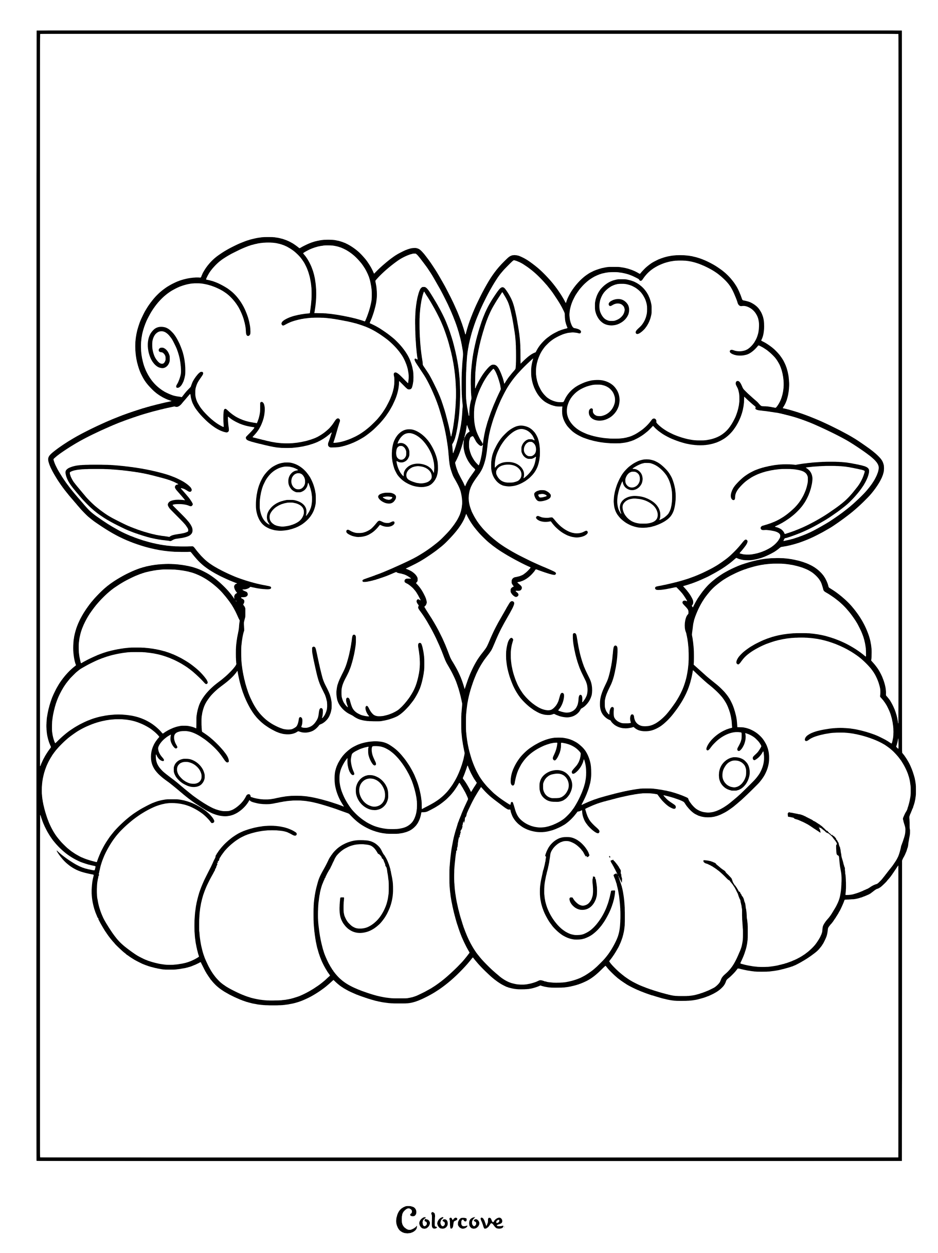 Page de coloriage de Pokemon Mignons représentant Goupix classique et Goupix d'Alola de la série Pokémon.