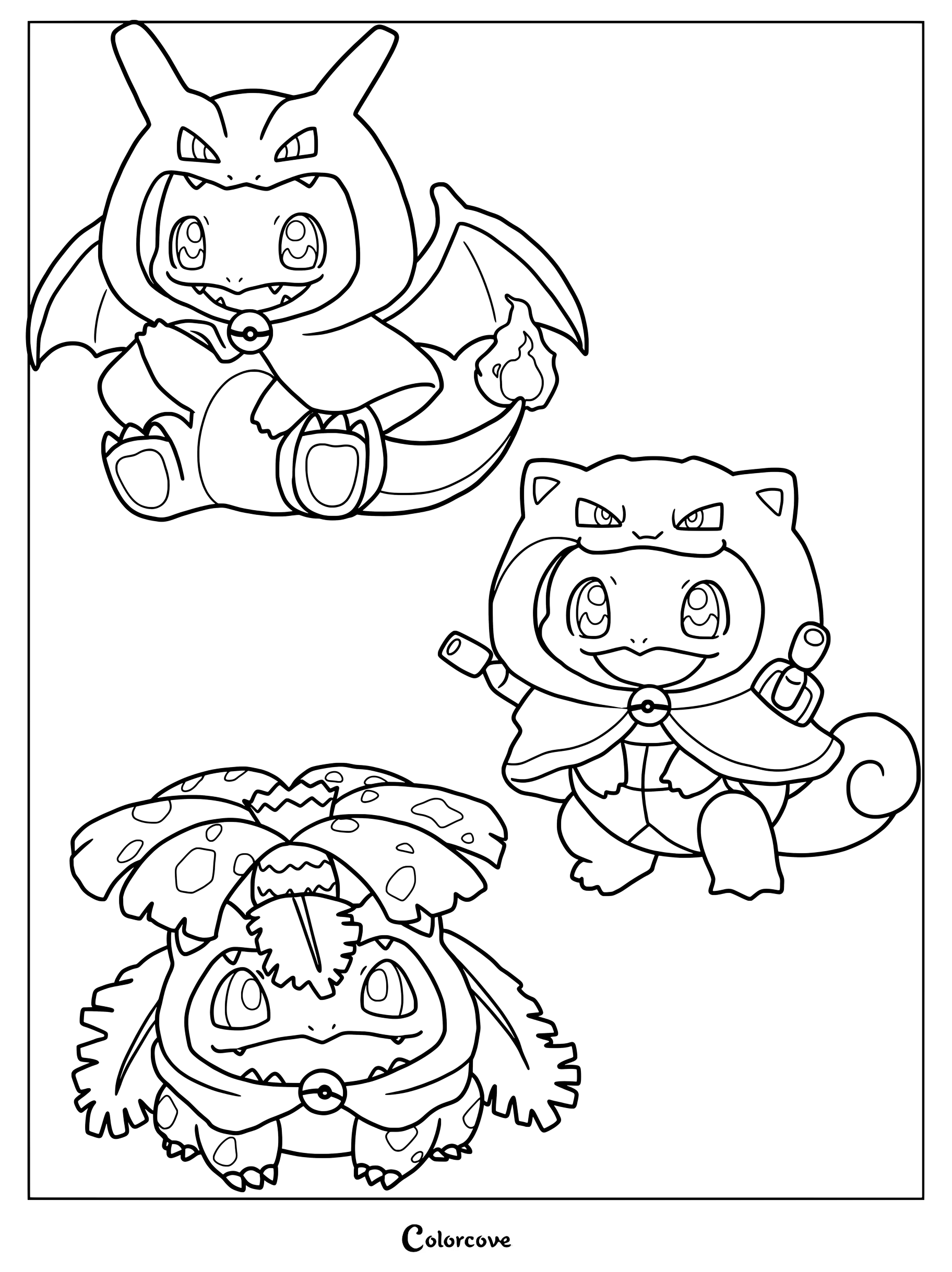 Page de coloriage de Pokemon Mignons représentant Salamèche, Carapuce et Bulbizarre habillés comme leurs évolutions finales.