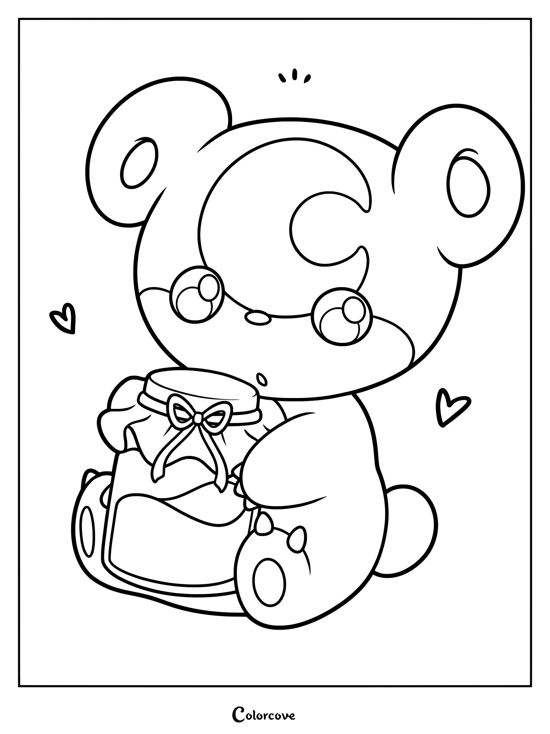 Page de coloriage de Pokemon Mignons représentant Teddiursa serrant dans ses bras un pot de miel dans un style artistique chibi.