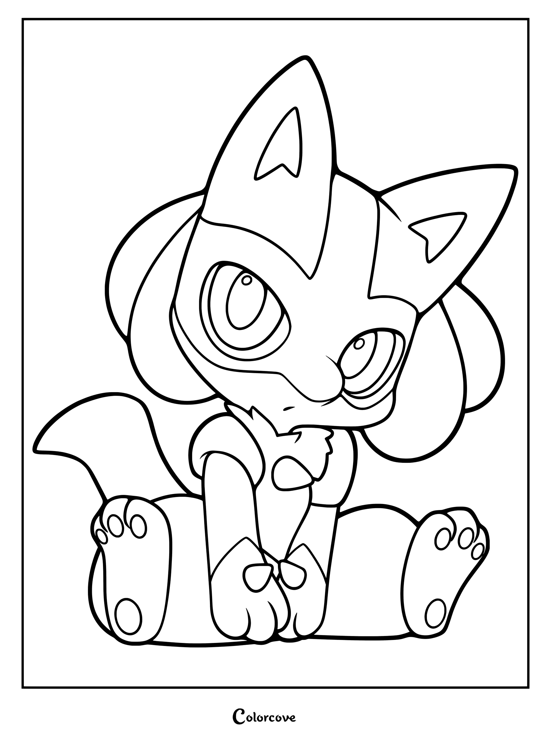 Page de coloriage de Pokemon Mignons représentant un dessin fan art de style chibi de Lucario assis.