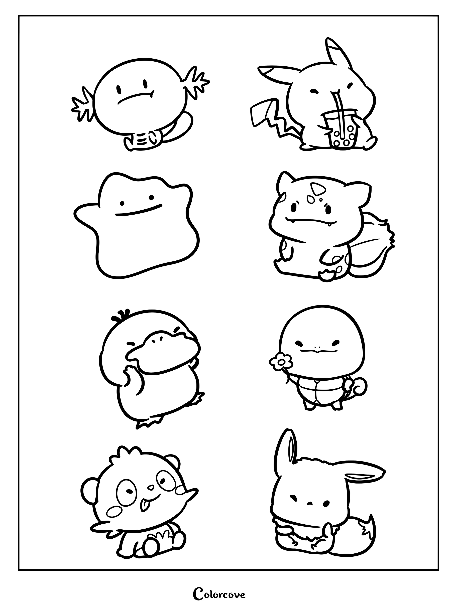 Page de coloriage de Pokemon Mignons représentant des illustrations de style chibi d'Axoloto, Pikachu, Métamorph, Bulbizarre, Psykokwak, Carapuce, un panda et Évoli.
