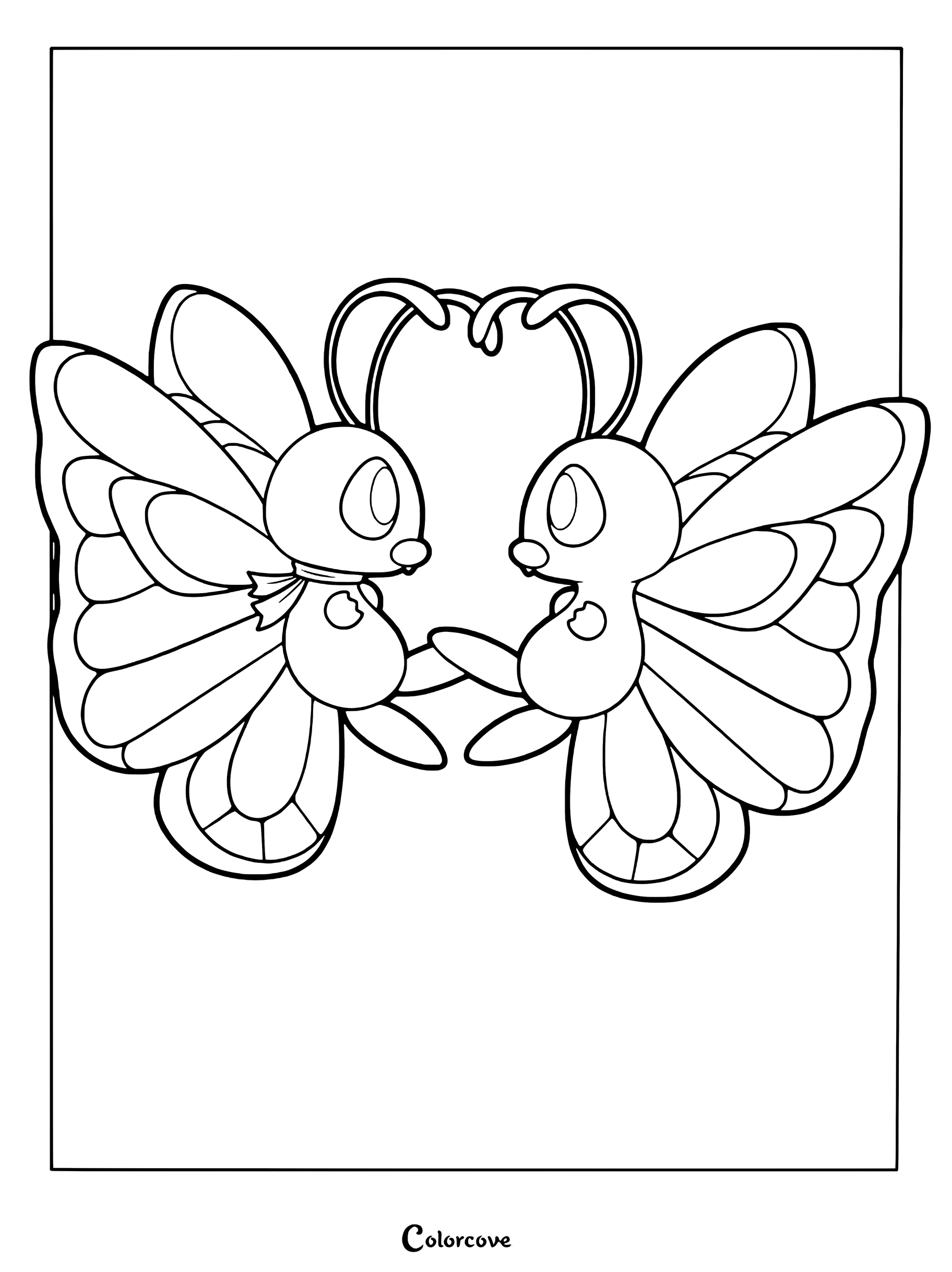 Deux personnages Papilusion stylisés de style chibi se faisant face dans cette page de coloriage de Pokémon mignons.