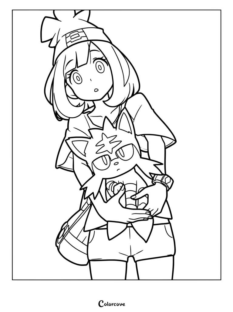 Un dibujo de Pokemon Tiernos que presenta a Selene sosteniendo a Litten de Pokémon Sol y Luna.