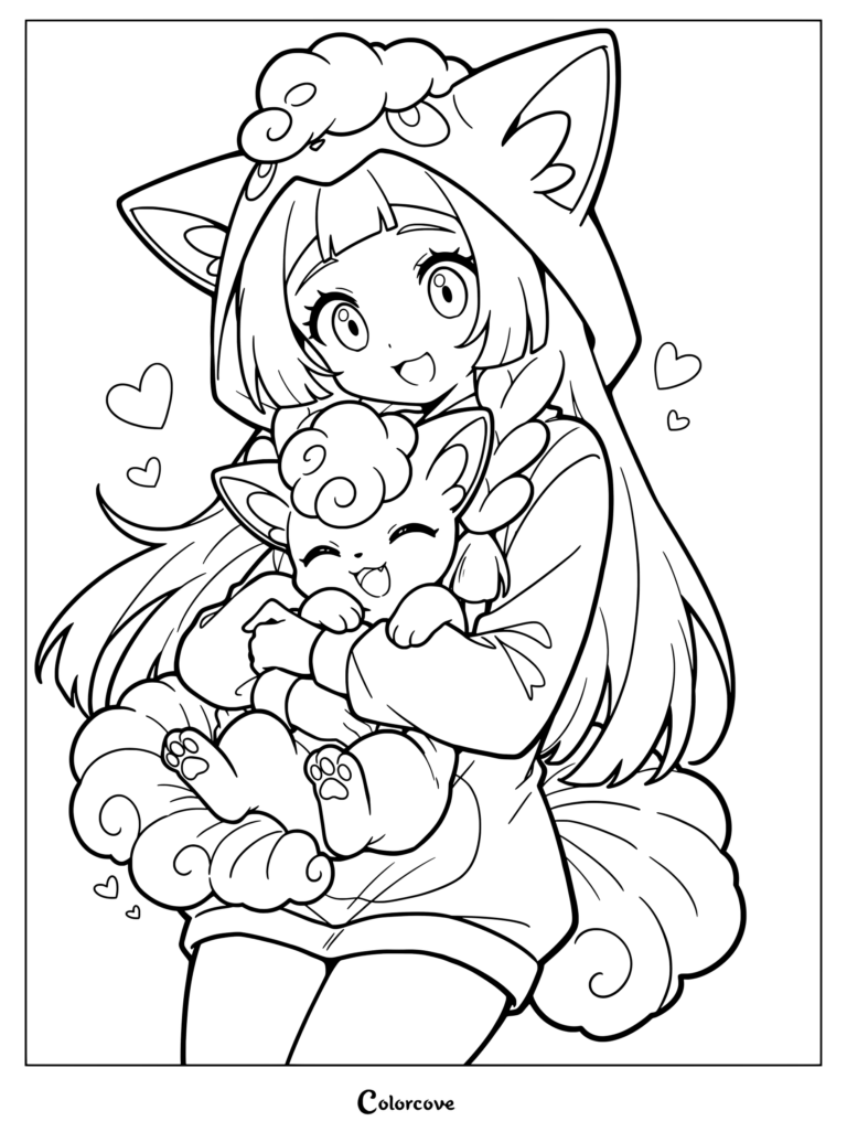 Lillie usando una sudadera con capucha de Vulpix de Alola y abrazando a Nieve en este dibujo de Pokemon Tiernos.