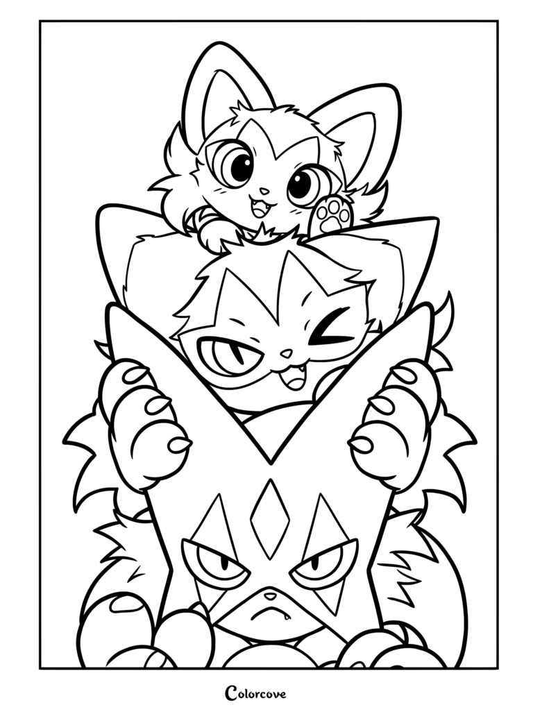 Un dibujo de Pokemon Tiernos con ilustraciones apiladas de Sprigatito, Floragato y Meowscarada.