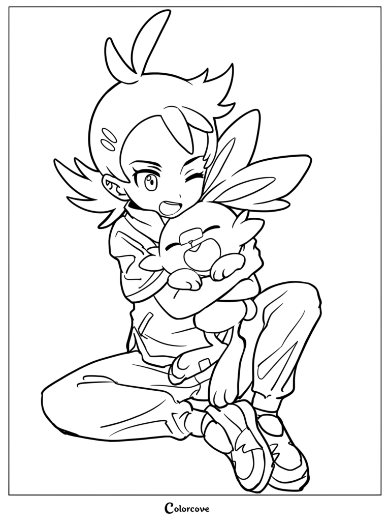 Un dibujo para imprimir del personaje del anime Goh abrazando a su Pokémon compañero, Scorbunny, de Viajes Pokémon, con personajes de Pokemon Tiernos.