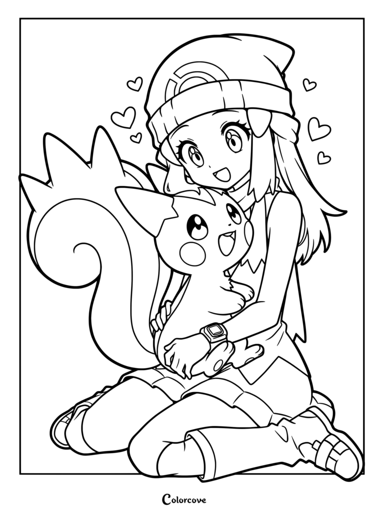 Un dibujo para imprimir que muestra a la tierna entrenadora de Pokémon Dawn abrazando a un Pachirisu azul y blanco, perfecto para los fans de los Pokemon Tiernos.