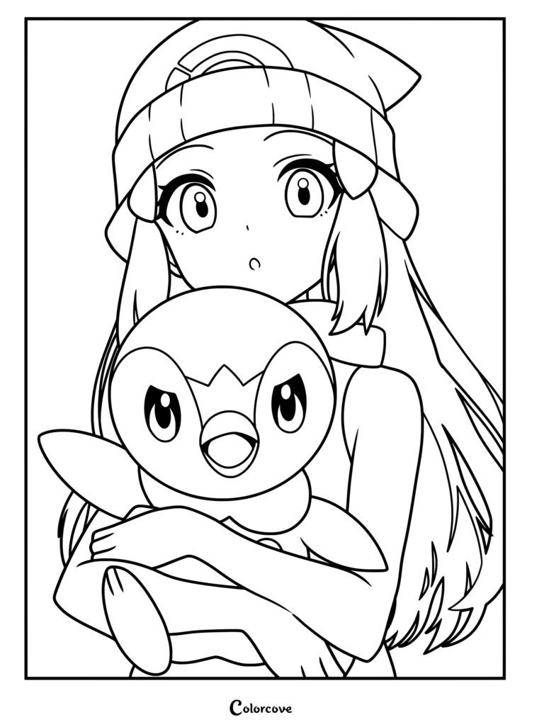Un dibujo para imprimir de Pokemon Tiernos que muestra a la entrenadora Dawn abrazando a su compañero Piplup de la serie Diamante y Perla.