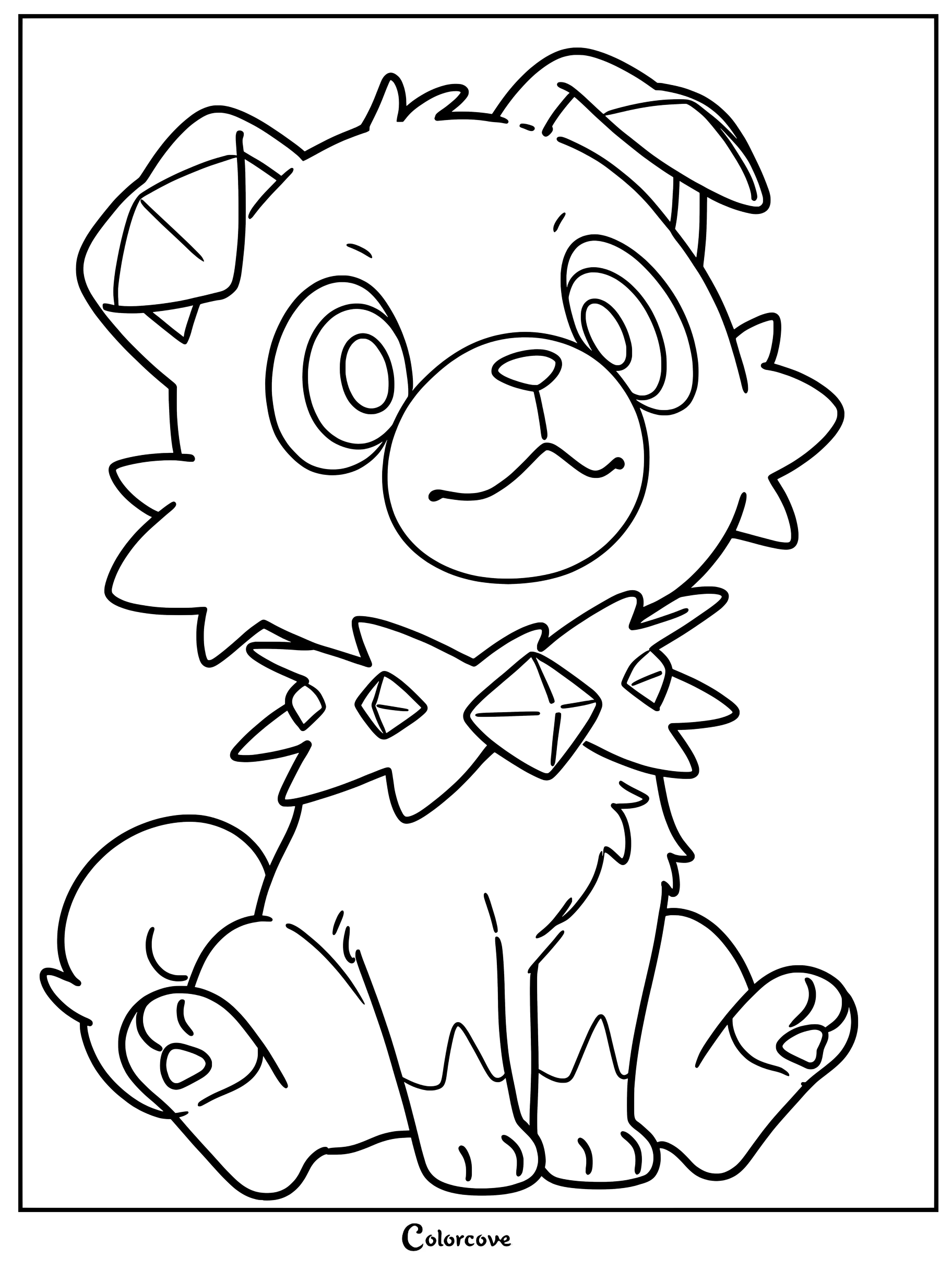 Page de coloriage de Pokemon Mignons du Rocabot chibi représentant la créature semblable à un chiot assise.