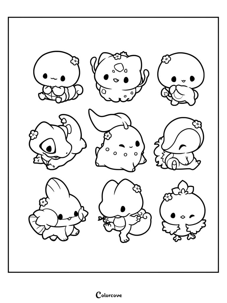 Página para colorear de Pokemon Tiernos con personajes iniciales estilo chibi de las generaciones 1, 2 y 3.