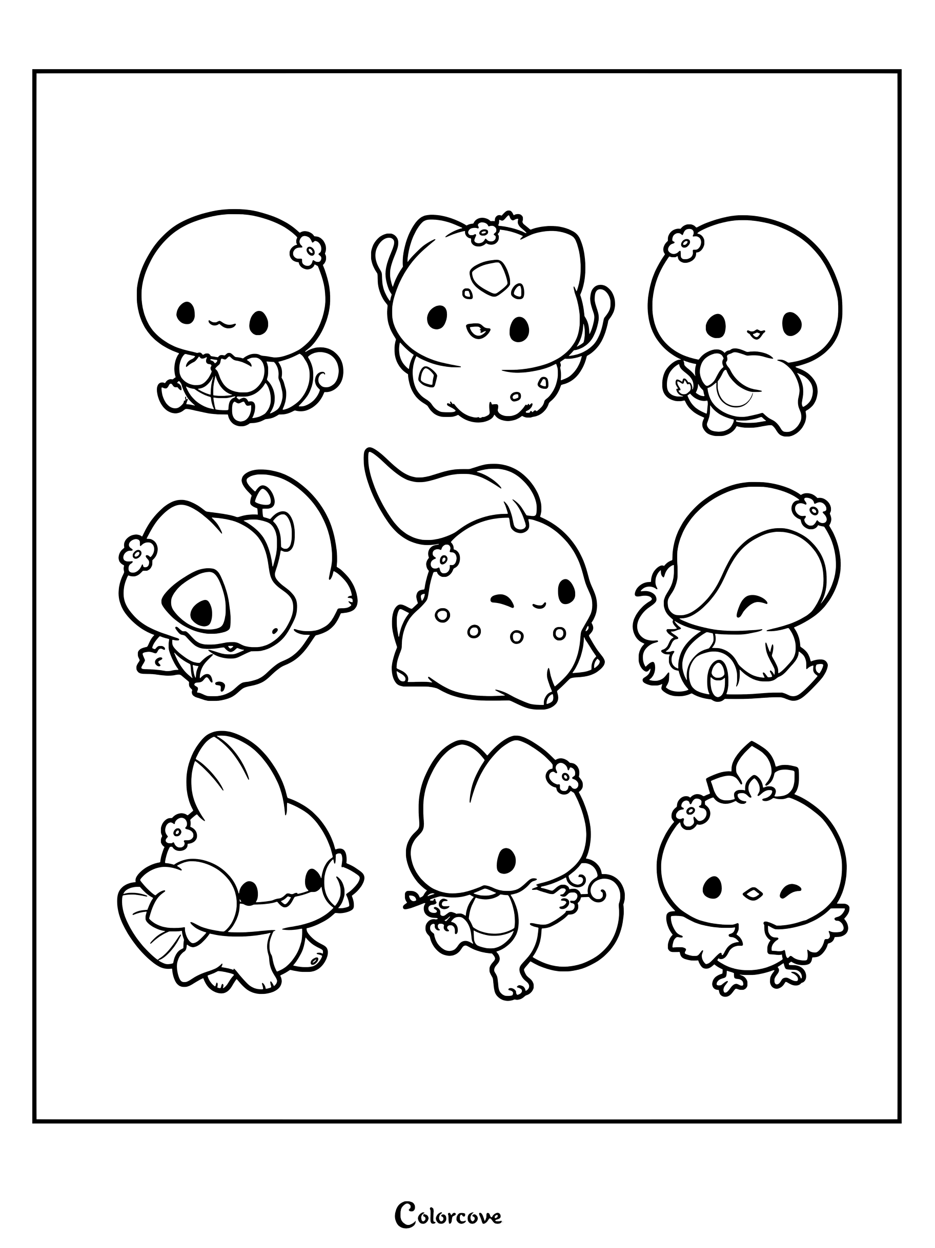 Page de coloriage de Pokemon Mignons représentant des starters de style chibi des générations 1, 2 et 3.