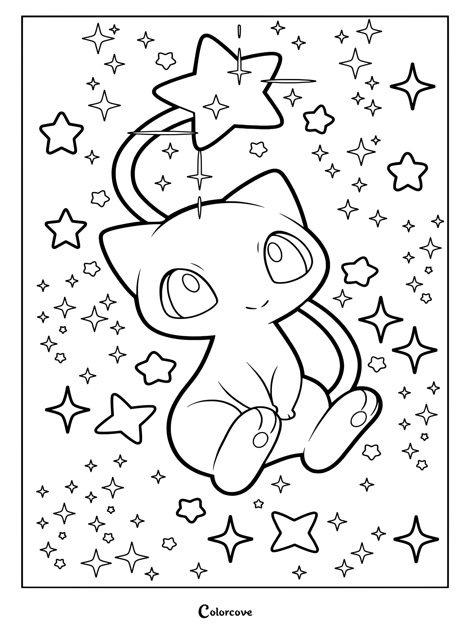 Page de coloriage de Pokemon Mignons représentant Mew entouré d'étoiles.