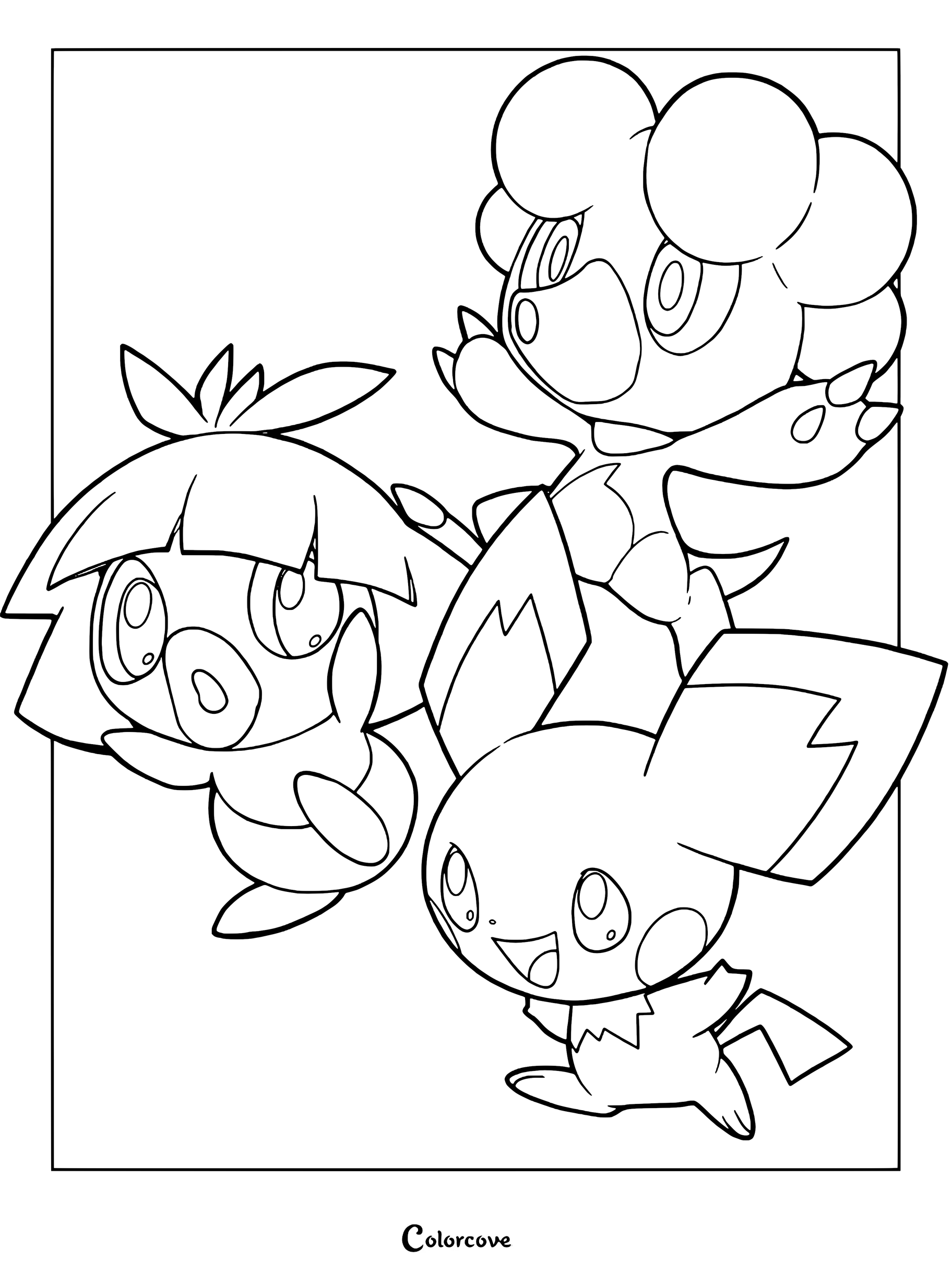 Page de coloriage de Pokemon Mignons à imprimer représentant le Pokémon bébé Lippouti sur la gauche, Magby en haut à droite et Pichu en bas à droite.