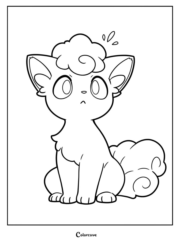 Una página para colorear de Pokemon Tiernos con Vulpix sentado con una expresión curiosa.