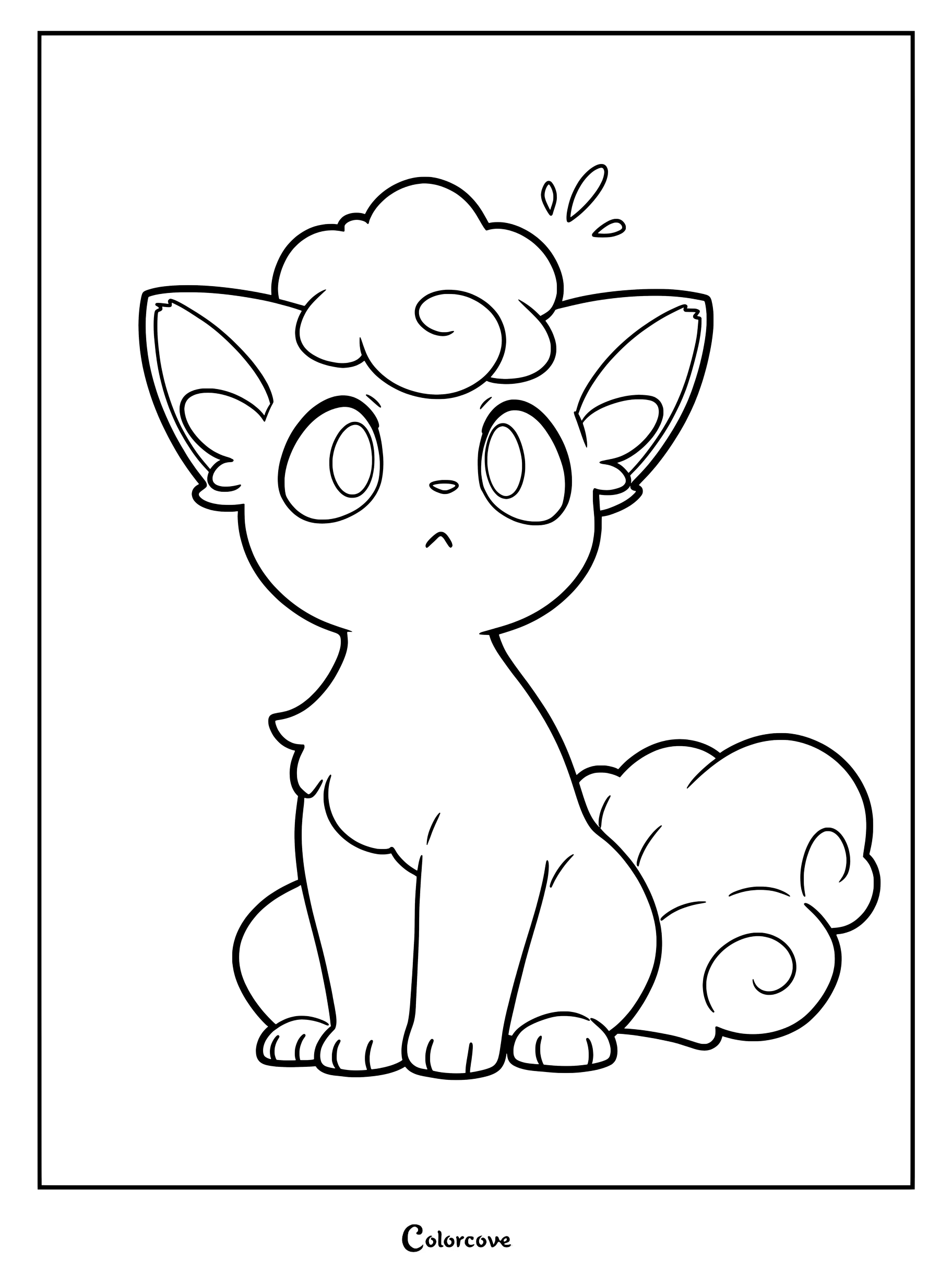 Une page de coloriage de Pokemon Mignons représentant Goupix assis avec une expression curieuse.