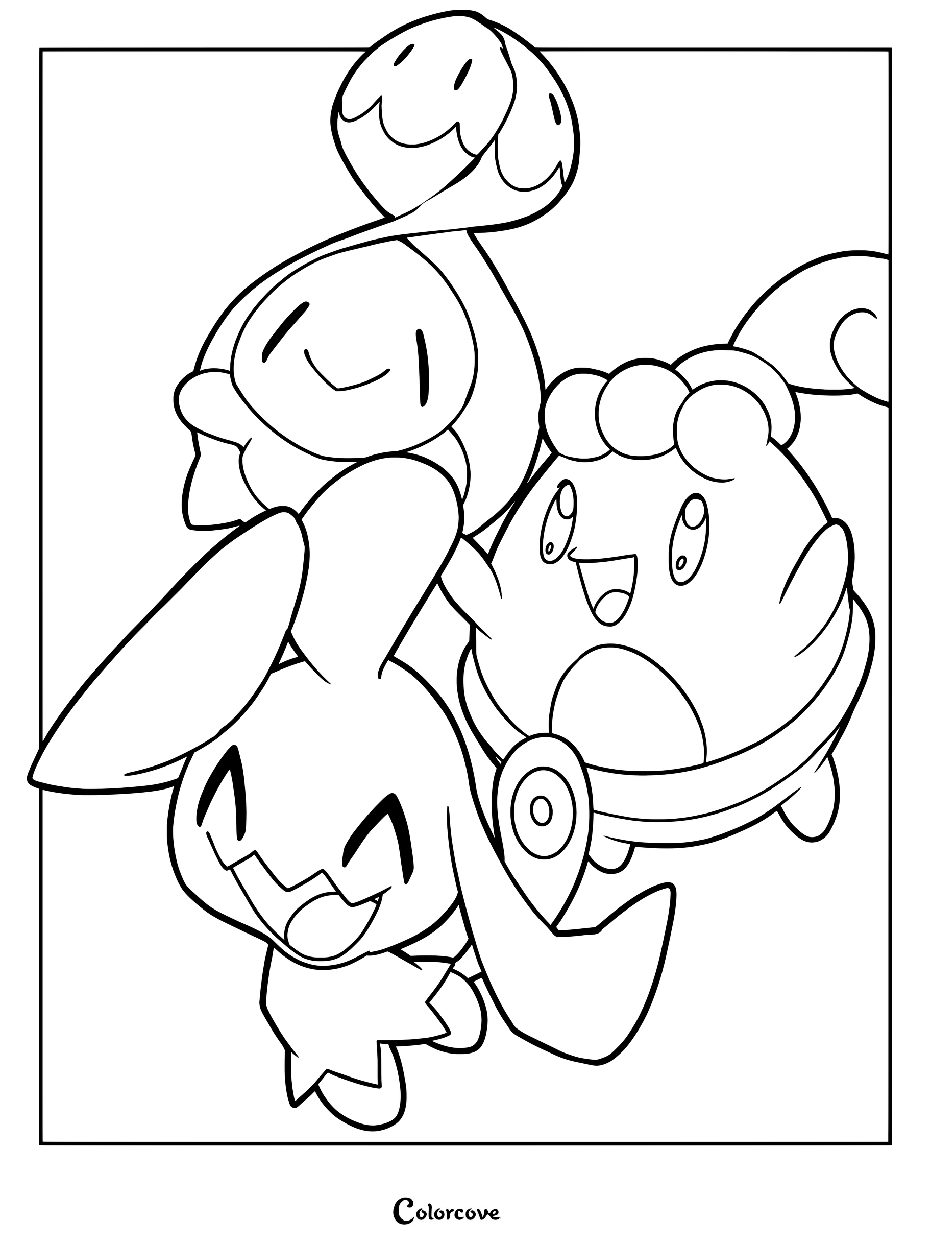 Page de coloriage de Pokemon Mignons représentant Rozbouton, Ptiravi et Qulbutoké.