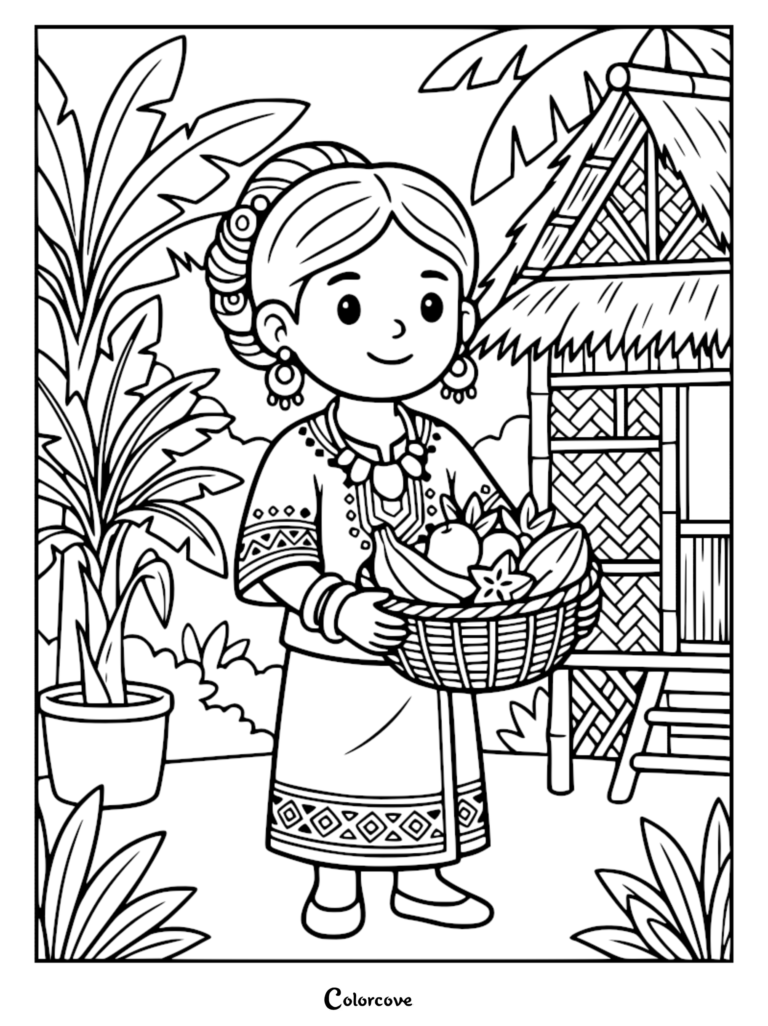 A Filipino princess from the pre-colonial era holding a basket of tropical fruit in front of a nipa hut, coloring page.