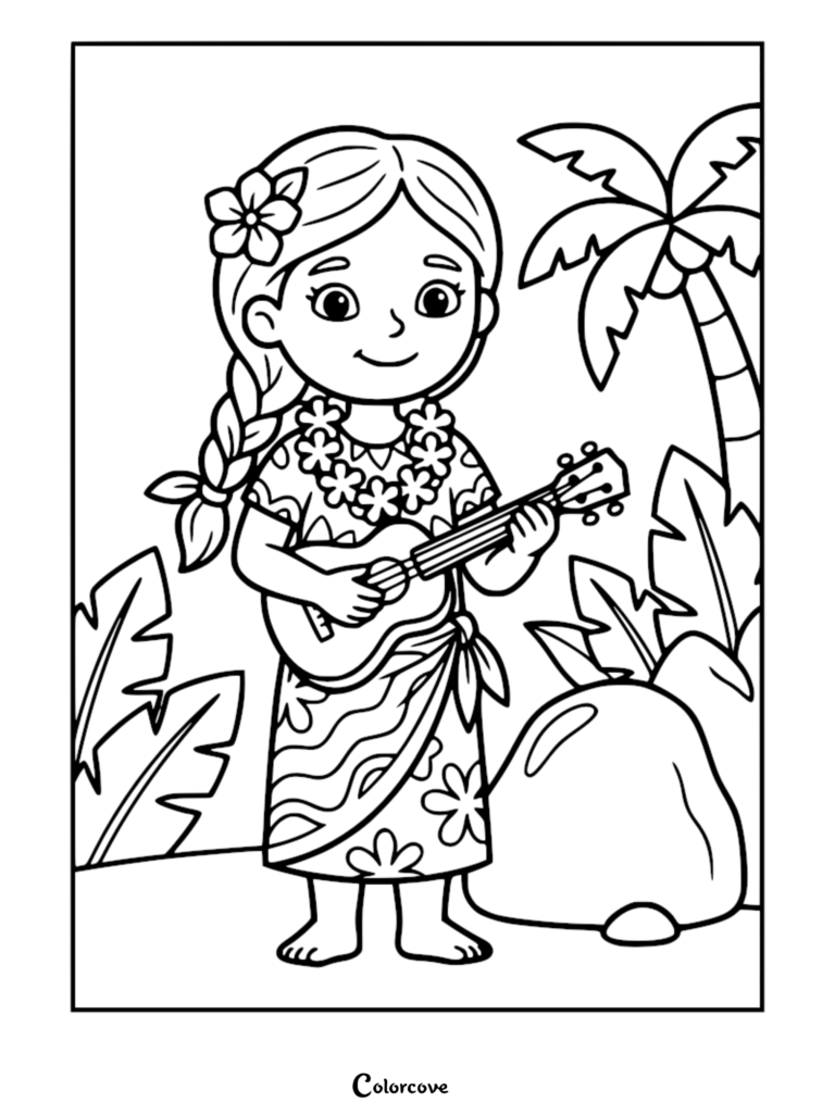 A Hawaiian princess wearing a floral lei and skirt playing a ukulele in a tropical setting coloring page
