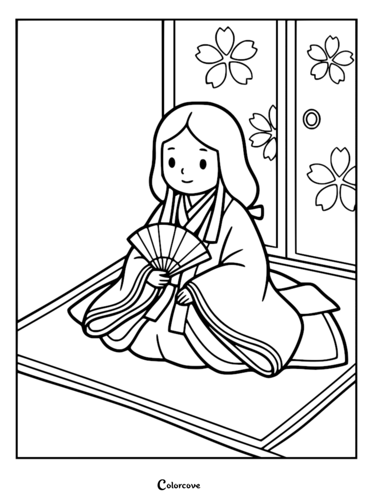 A cute Heian period Japanese princess wearing traditional layered robes and holding a folding fan, sitting on a tatami mat in front of a cherry blossom screen in this printable coloring page.
