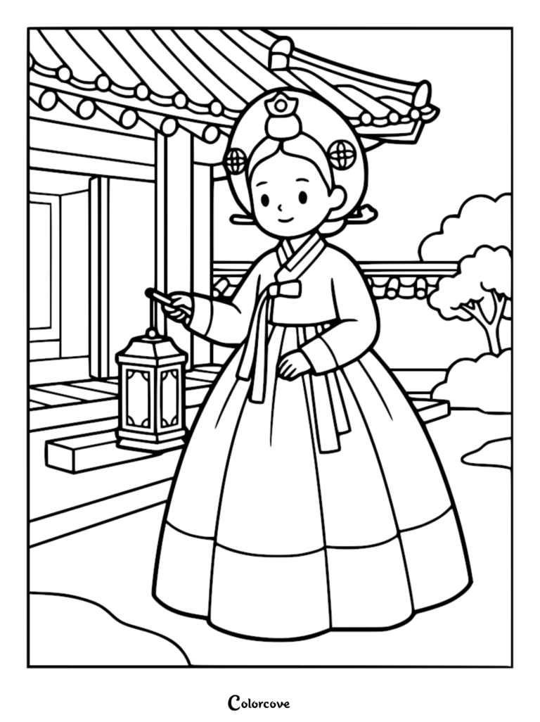A Joseon dynasty Korean princess holding a traditional lantern in front of a palace building, line art coloring page.
