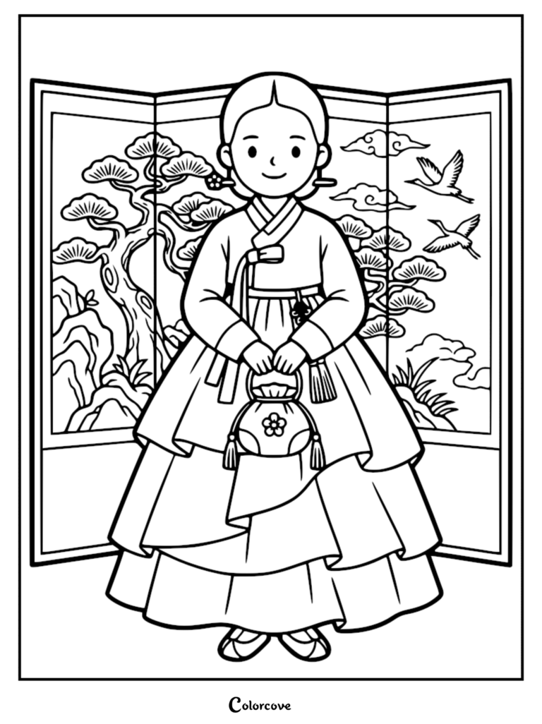 A Joseon dynasty princess wearing a traditional hanbok and holding a small pouch, standing in front of a decorative folding screen, printable coloring page.