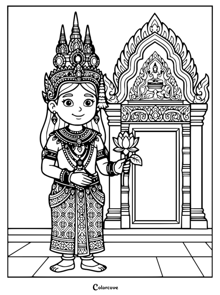 A Khmer princess wearing a traditional ornate crown and sampot holding a lotus flower in front of an ancient temple gate coloring page.