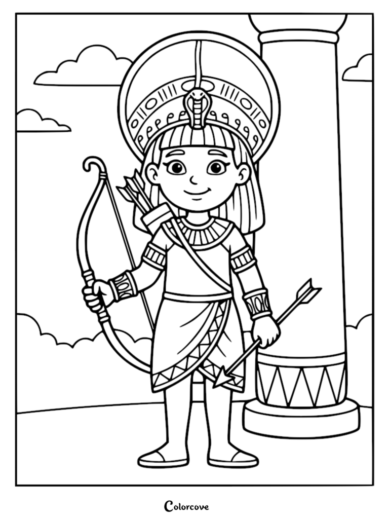 A Kingdom of Kush princess wearing a traditional headdress with a cobra emblem, holding a bow and arrow, featured in a printable coloring page.