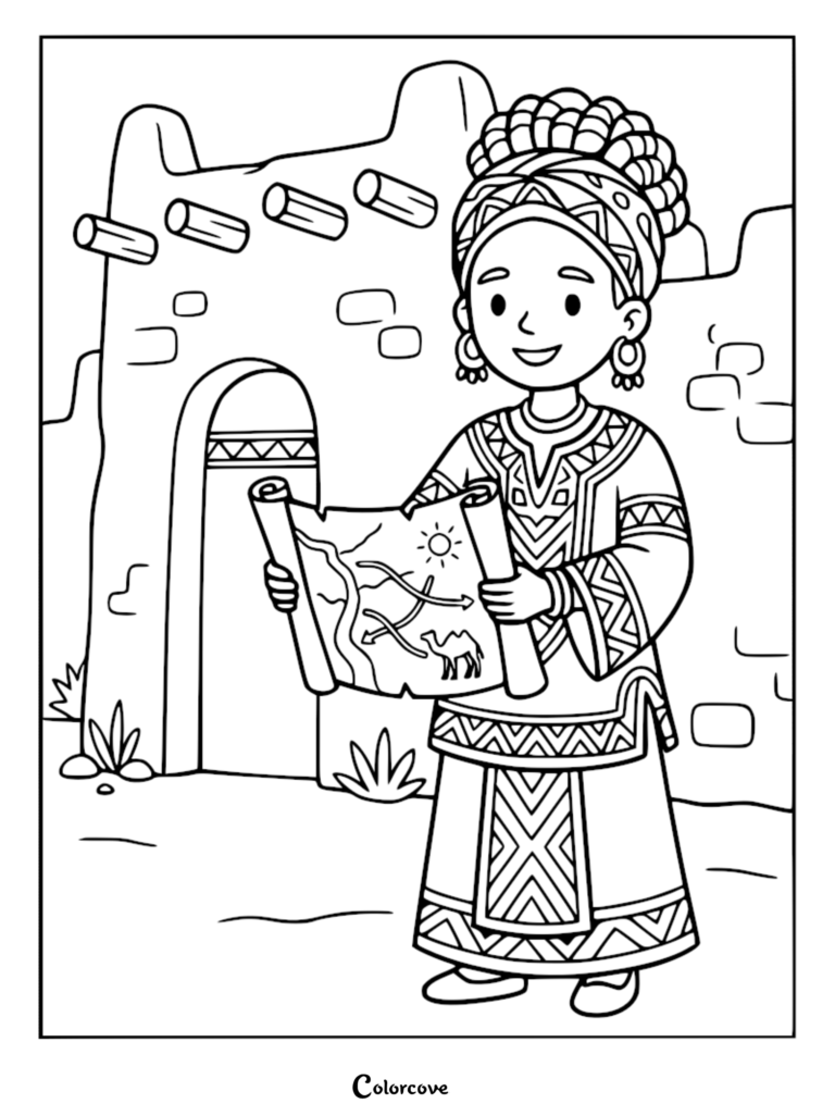 A Malian princess holding a map in front of a traditional mud-brick building, printable coloring page.