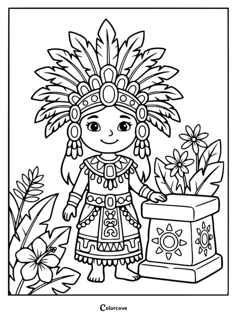 A cute Mayan princess wearing an elaborate feathered headdress and traditional jewelry standing next to an ancient stone altar in this printable coloring page.
