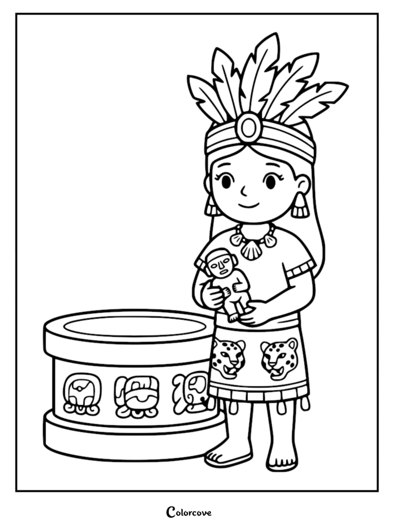 A Mayan princess wearing a feathered headdress and jaguar skirt holding a small figurine next to a carved stone altar coloring page