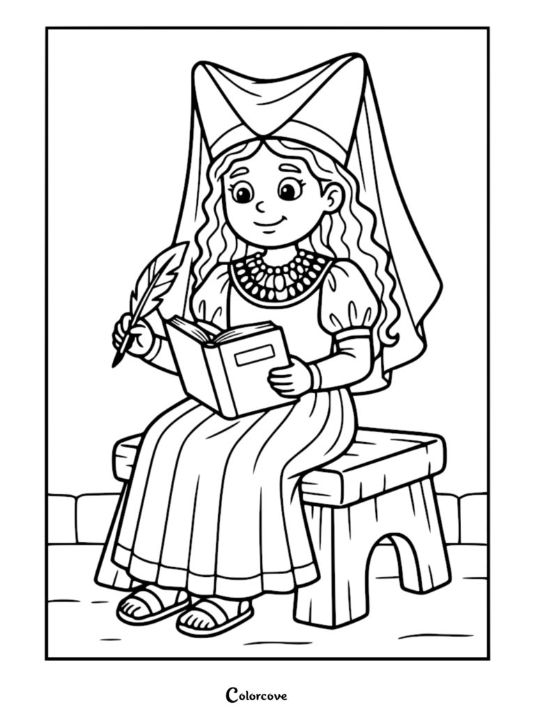 A medieval European princess wearing a traditional headdress and gown, sitting on a wooden bench while holding a book and a quill pen in this printable coloring page.