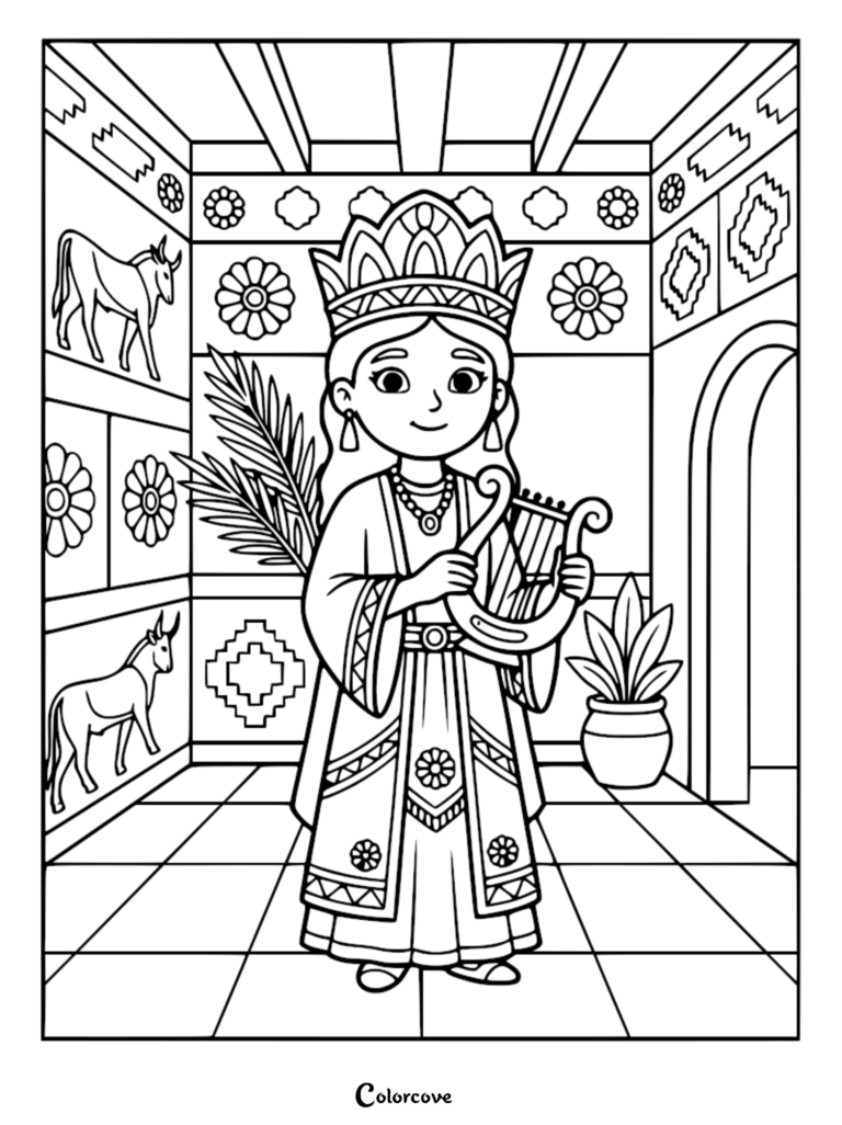 A Babylonian princess wearing a crown and holding a lyre in a palace with ancient wall carvings, printable coloring page.